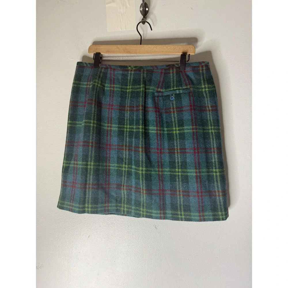 Vintage Plaid Wool Blend Mini Skirt Blue Green Red Tartan A-Line Academic 16